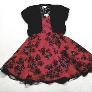 Knit Works Girls 12 Dress Formal Black Red Floral Faux Fur Jacket Holiday